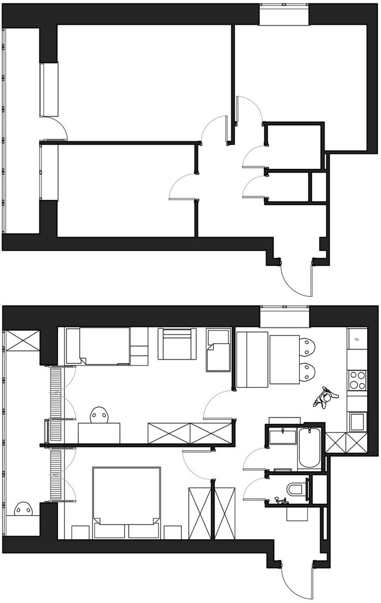 Alaprajz - Külön háló és kényelmes gyerekszoba, kompromisszum a nappalit és konyhát illetően - kétgyermekes pár 49m2-es kétszobás otthona