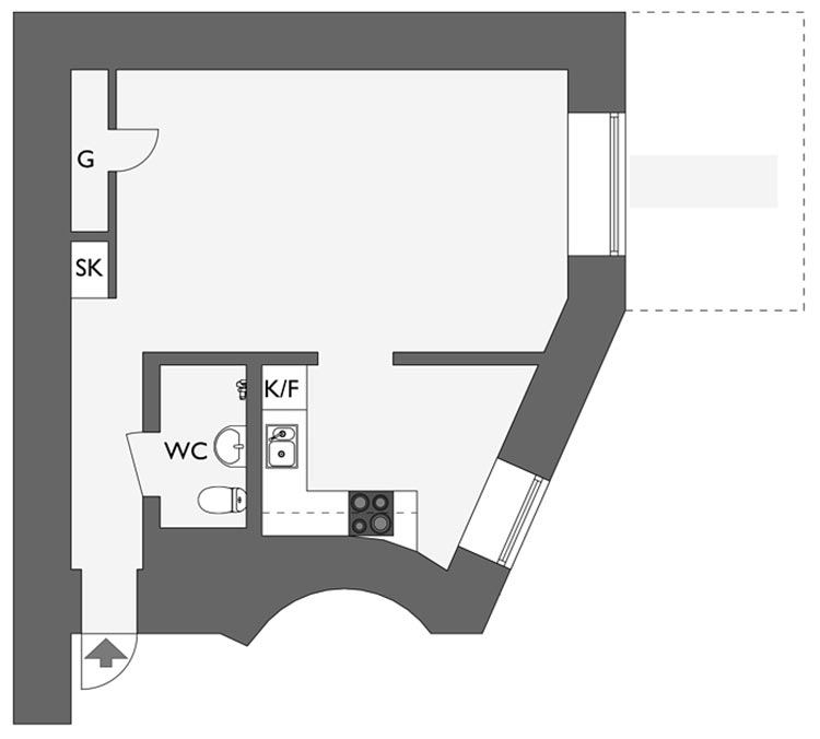 Alaprajz - Földszinti 37m2-es lakás nőies, kedves, természetes egyszerűséggel berendezve
