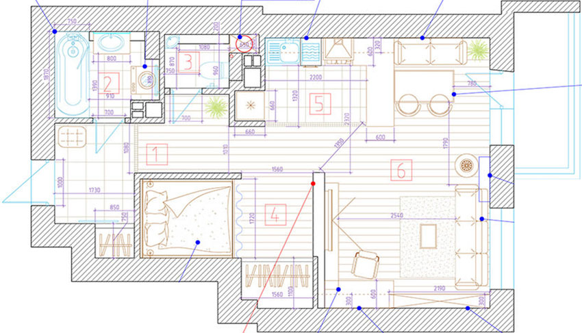 Alaprajz - Egyszobás lakás remek berendezése a funkcionális terek ügyes szervezésével - sok tégla és fa felülettel