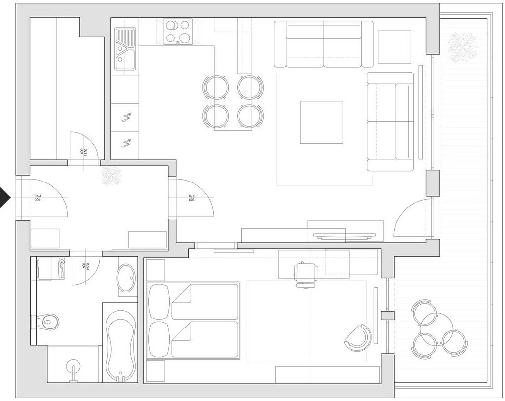 Alaprajz - Piros konyha, modern vonalak, kényelmes, szimpla berendezés egy új, kétszobás lakásban