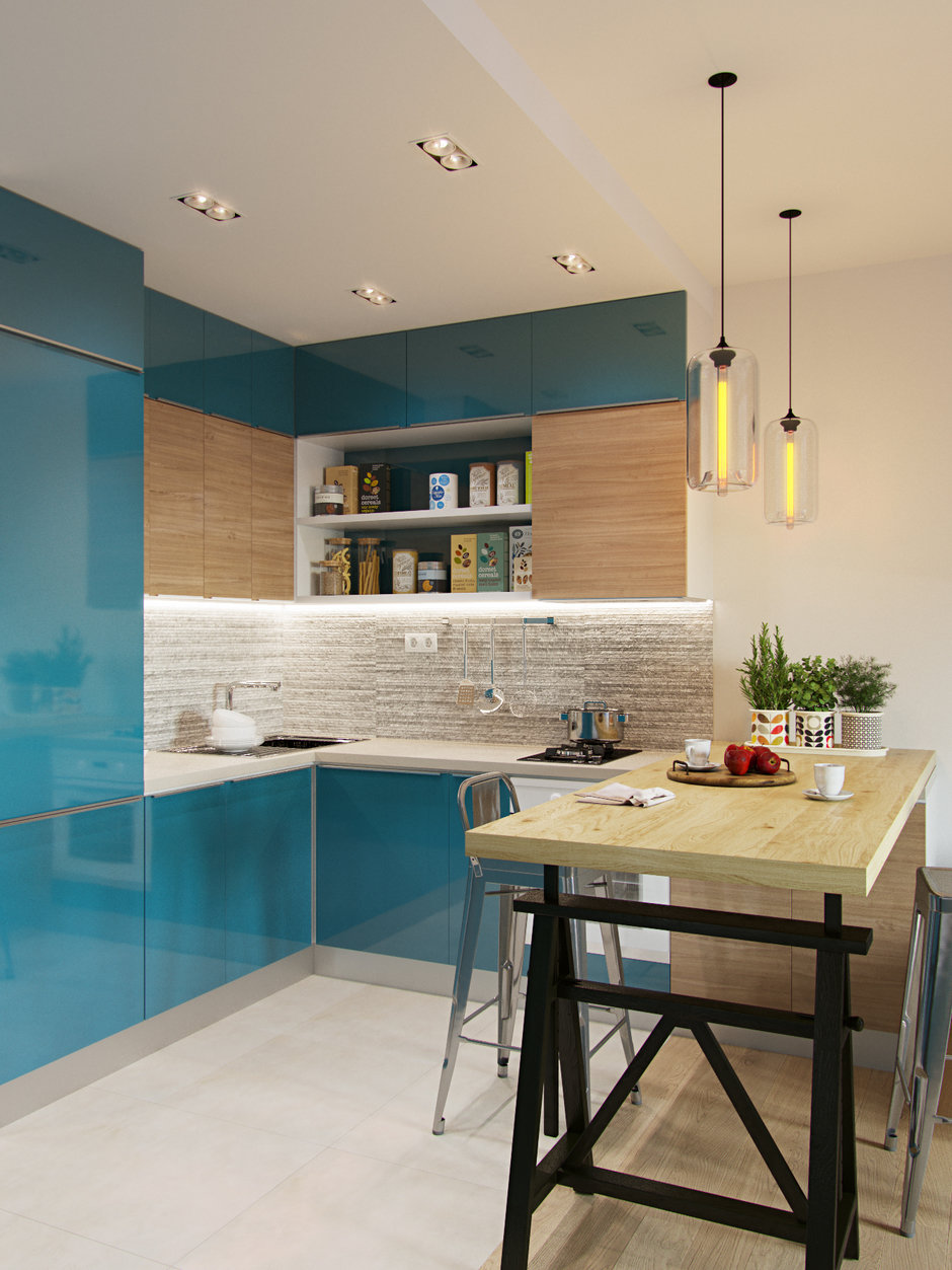 Magasfényű kék konyhabútor nyitott polcokkal, kiegészítő fa frontokkal a felső szekrényeken