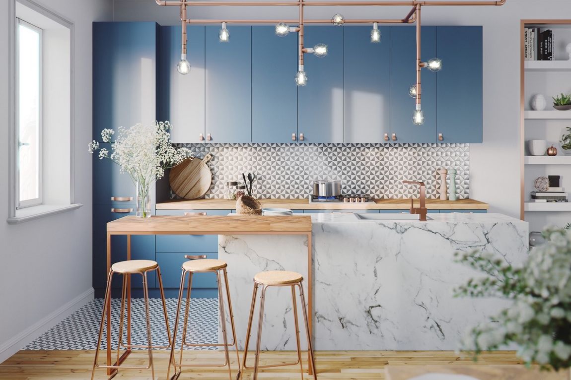 Kék konyha ötletek, kék színárnyalatok a konyhabútoron és különböző felületeken, 26 szín- design és anyag kombináció