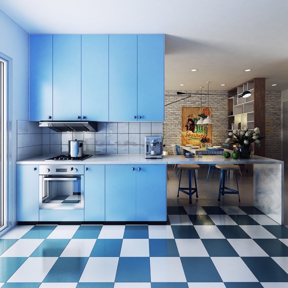A kék konyha együtt a fehér-kék padlóburkolattal érdekes retro hatást ad, a kinyúló pult viszont kifejezetten modern.
