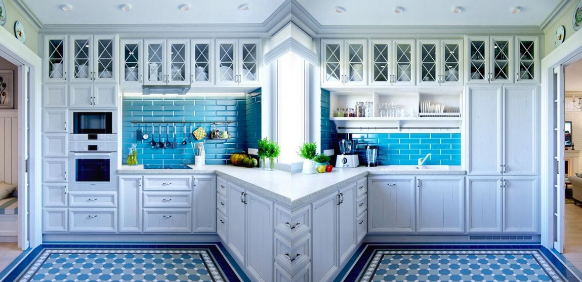 Egy érdekes konyha, ahol a kék szín a hátfal csempéjén és a padlóburkolaton jutott főszerephez.