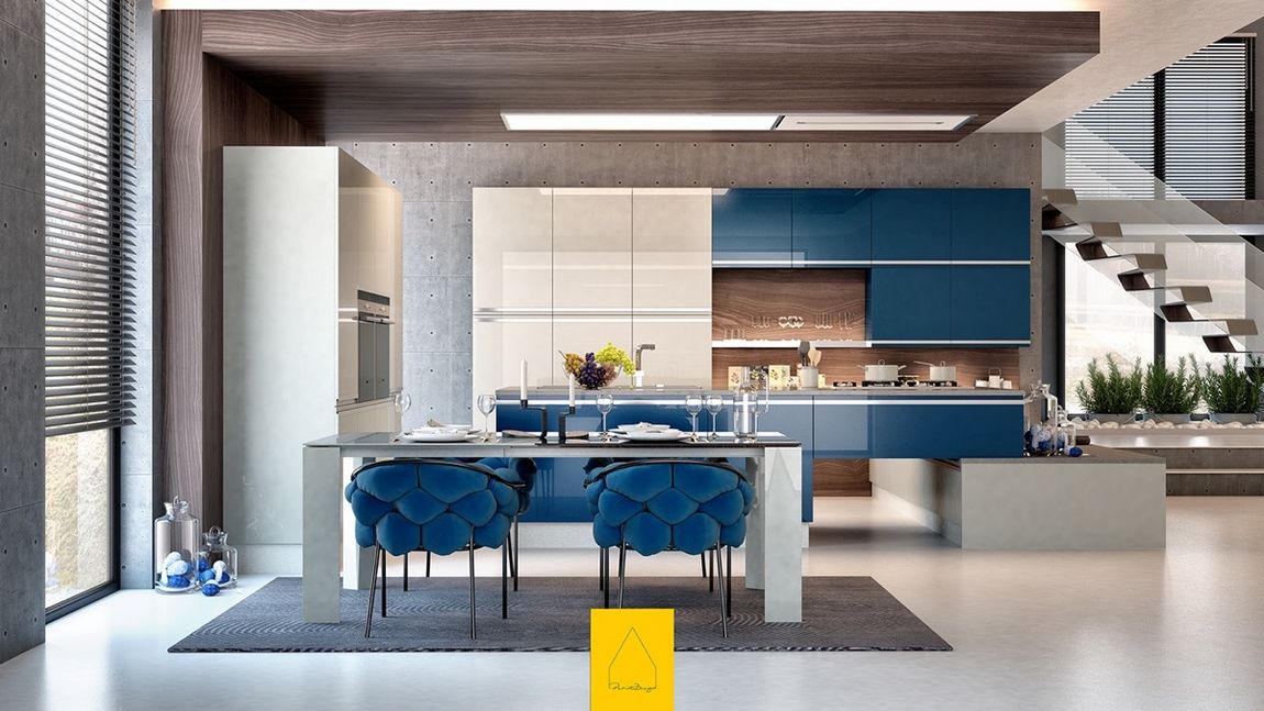 Modern konyha magasfényű fehér és kék frontok kombinációjával, kényelmes kék székekkel.