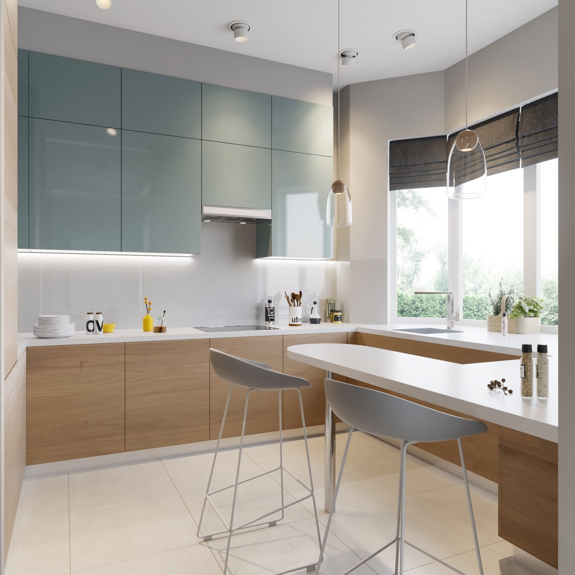 Könnyű, világos, modern konyha alul fa frontokkal, felül magasfényű szekrényekkel, zöldes, szürkés kékkel, fehér pulttal.