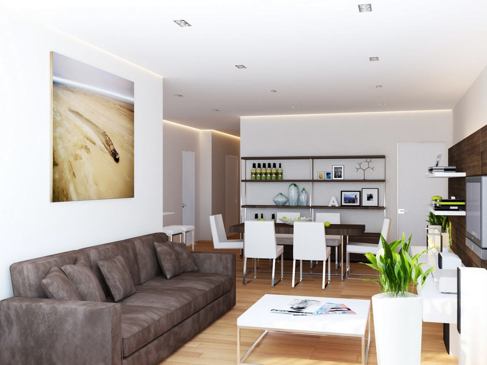 nappali és étkező - Stílusosan, egyszerű vonalakkal - modern lakás lakberendezési látványtervei