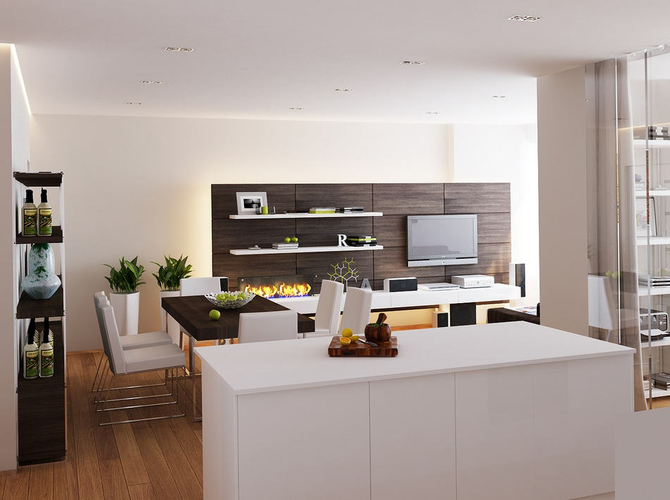 étkező és nappali - Stílusosan, egyszerű vonalakkal - modern lakás lakberendezési látványtervei 2