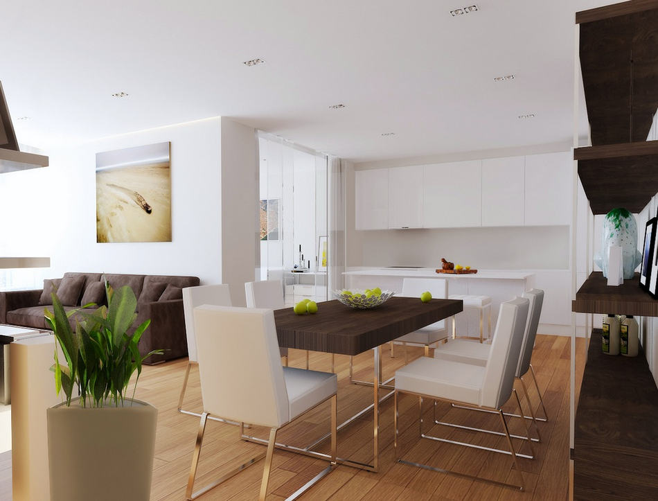 étkező és konyha - Stílusosan, egyszerű vonalakkal - modern lakás lakberendezési látványtervei 2