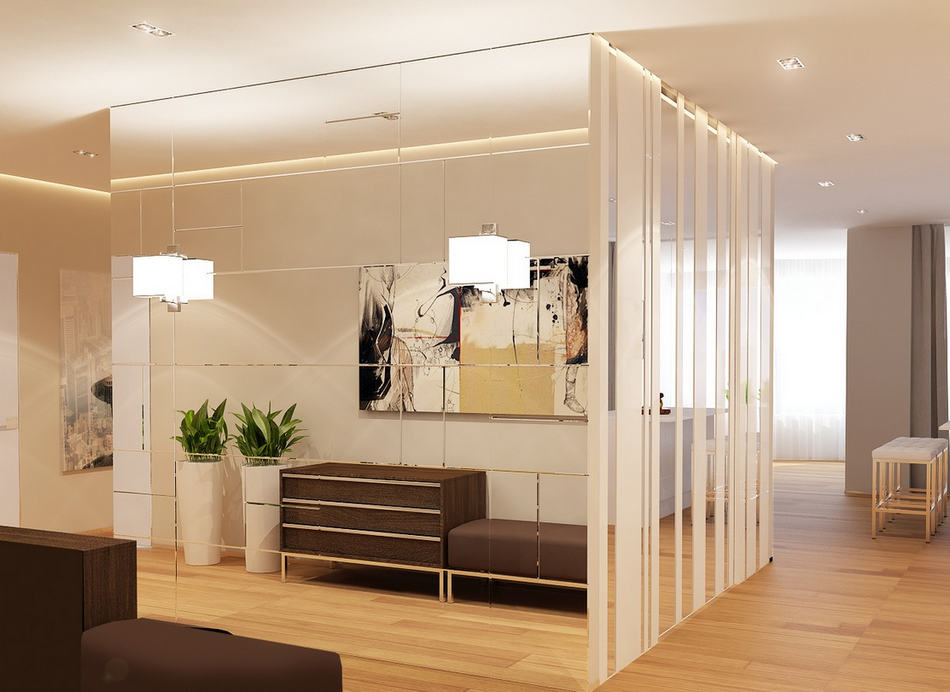 tükörfal, a vizuális térnövelő - Stílusosan, egyszerű vonalakkal - modern lakás lakberendezési látványtervei 2