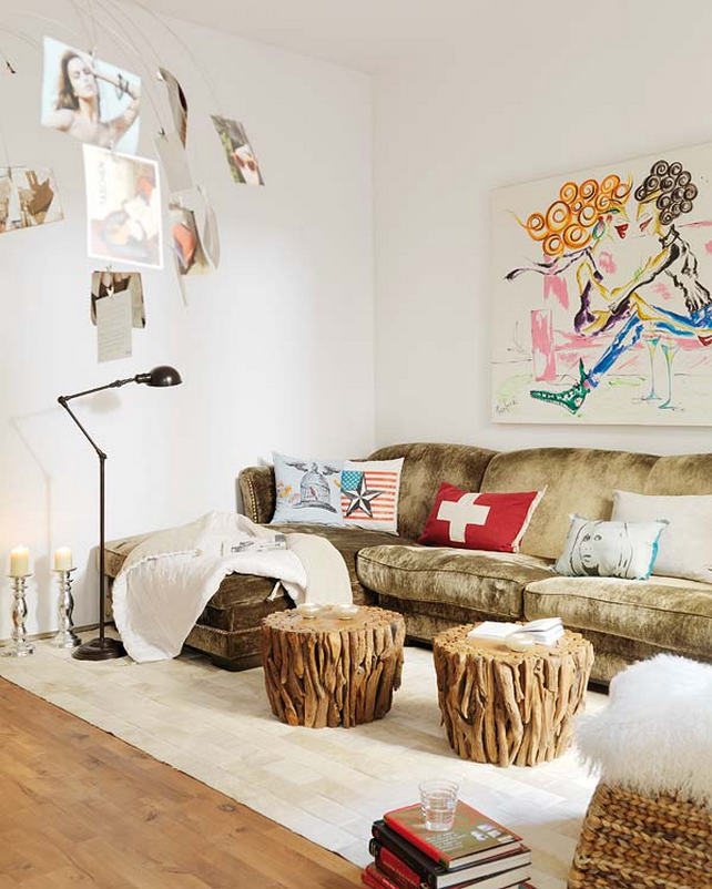 vintázs kanapé, fa dohányzóasztal - Egy szép nőies és természetes modern lakás finoman rusztikus részletekkel 3