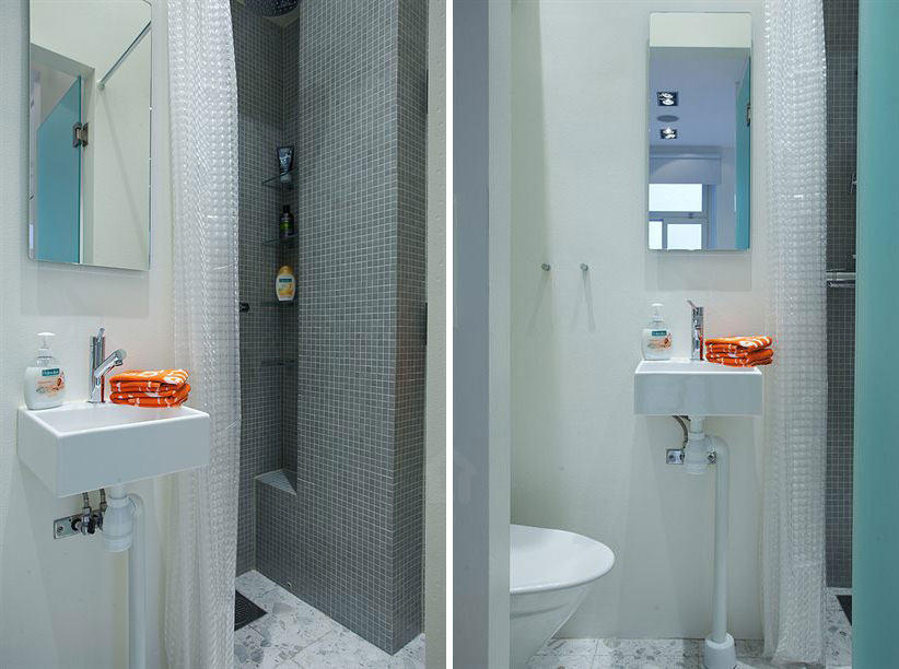 kis fürdőszoba zuhanyfülkével és zuhanyfüggönnyel - 36nm egyszobás kis lakás
