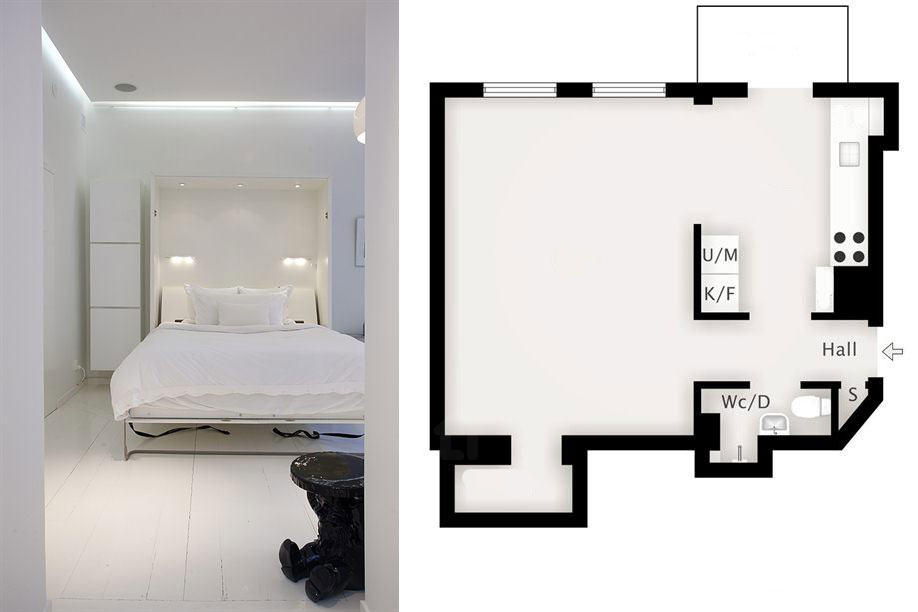 praktikus, lenyitható ágy és alaprajz - 36nm egyszobás kis lakás