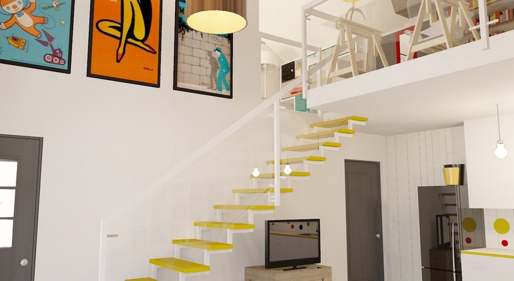 A modern képek hangulatát, stílusát a lépcső is tükrözi, élénk sárga  színnel, könnyed kialakítással