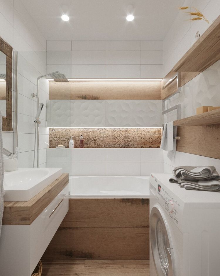 Fürdőszoba - itt is érvényesíthető amit a vízszintes vonalak vizuális térnövelő hatásáról írtunk, ebben a kicsi fürdőben erre szükség is volt, a fehér és fa textúrákat, árnyalatokat tartalmazó színpaletta is remekül alkalmazható kis fürdőszobákban