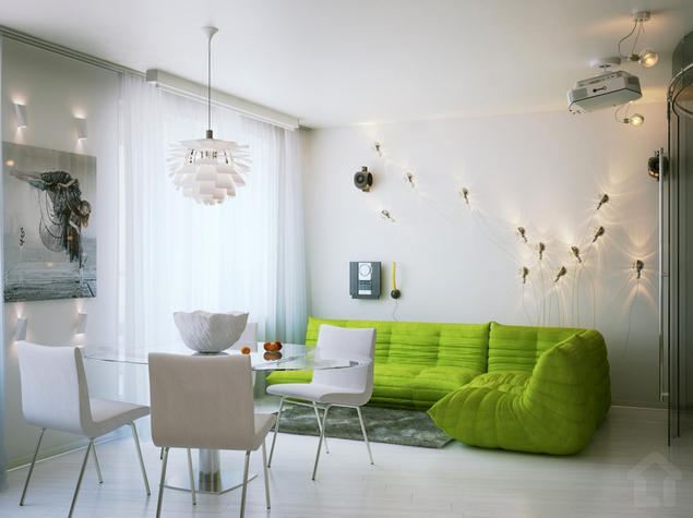 Modern kis lakás látványtervei gyönyörűen kidolgozva- nappali zöld kanapéval