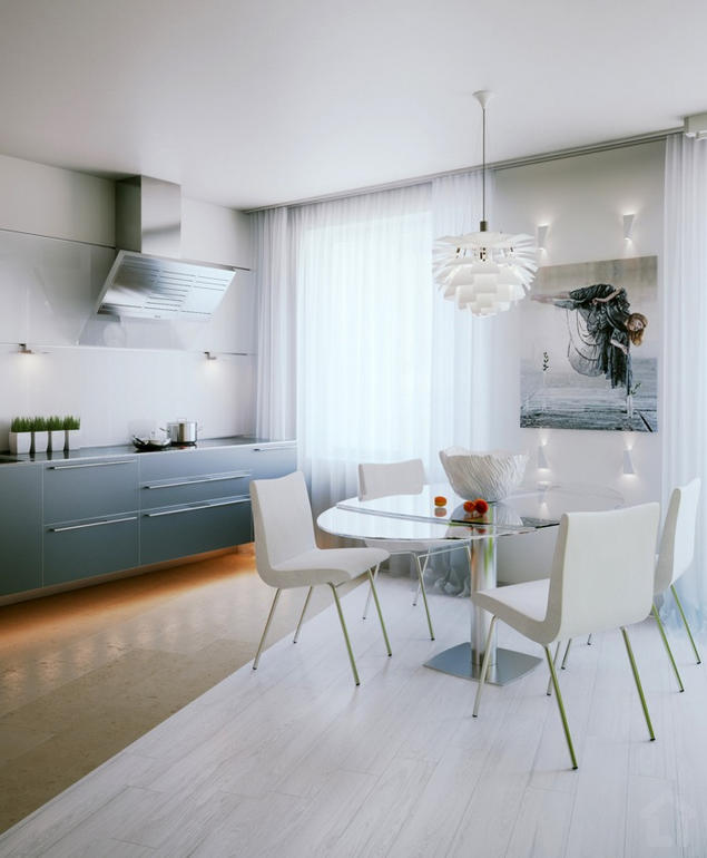 Modern kis lakás látványtervei gyönyörűen kidolgozva - modern konyha kis étkezővel