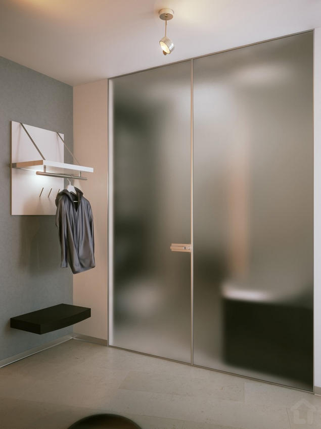 Modern kis lakás látványtervei gyönyörűen kidolgozva - fürdőszoba matt üveg ajtaja