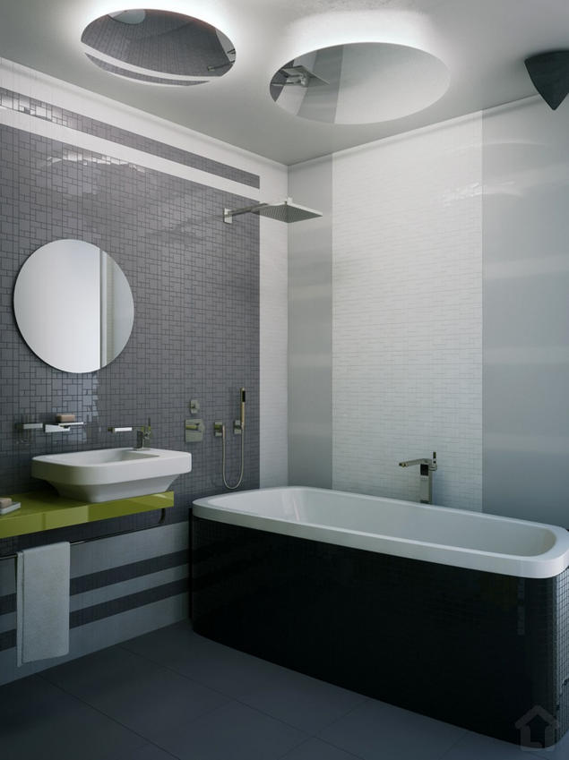Modern kis lakás látványtervei gyönyörűen kidolgozva - fürdőszoba ötletes világítással