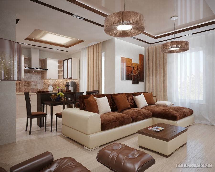 barna és krém színek - nappali szoba lakberendezési ötletek, látványtervek