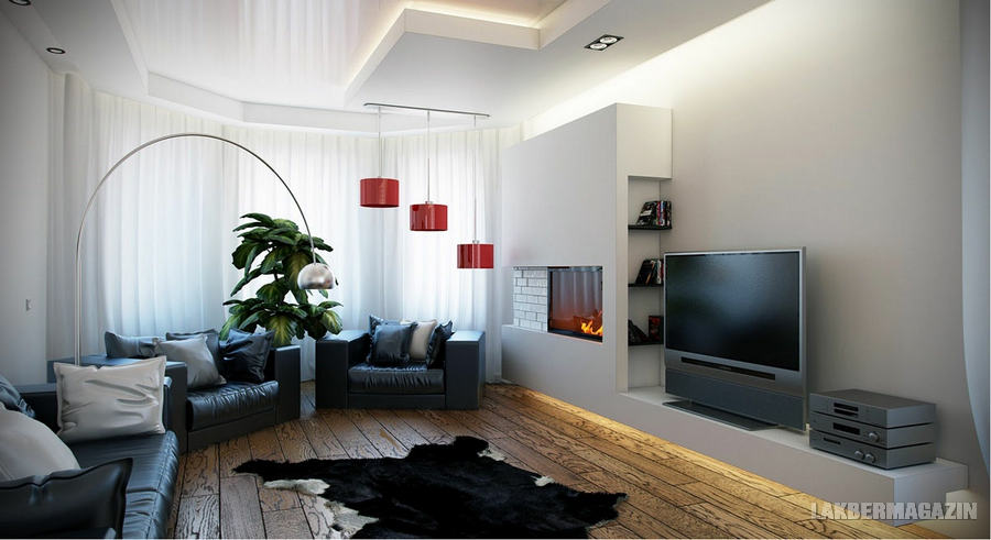 fekete fehér piros - nappali szoba lakberendezési ötletek, látványtervek