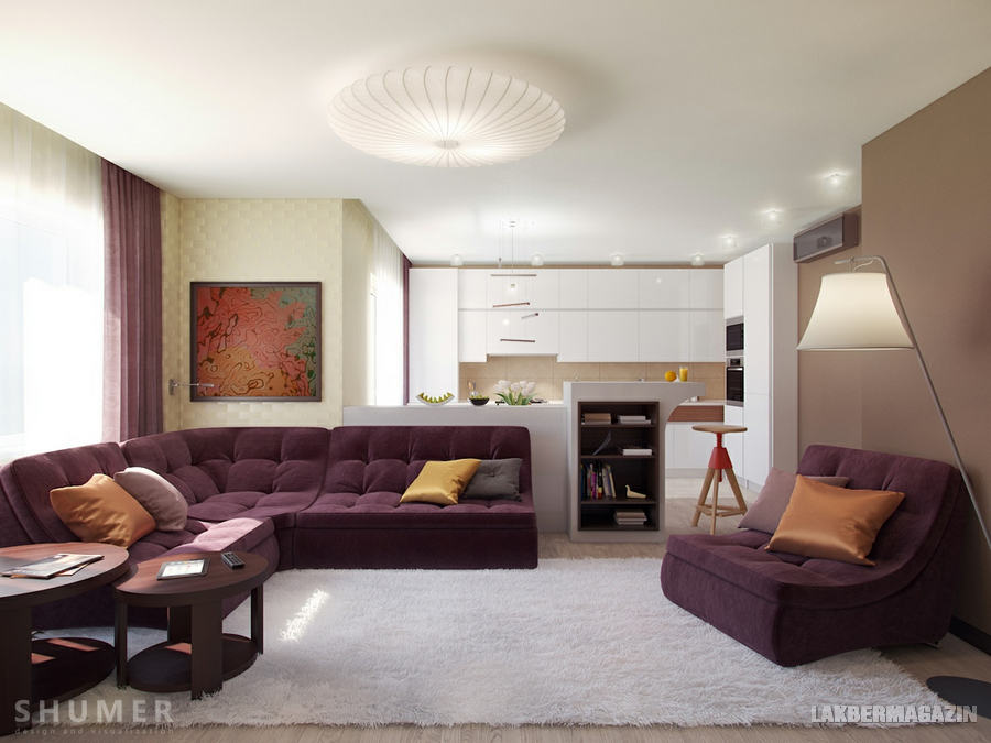 lila kanapé, fehér és barna - nappali szoba lakberendezési ötletek, látványtervek