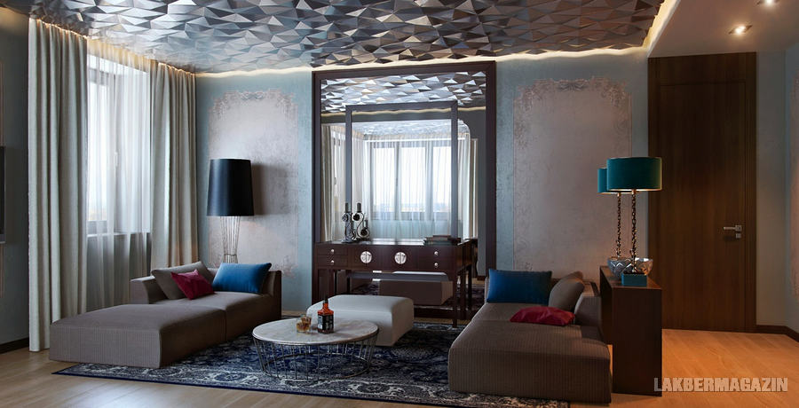 szürke kék nappali szoba lakberendezési ötletek - látványos mennyezet panelekkel