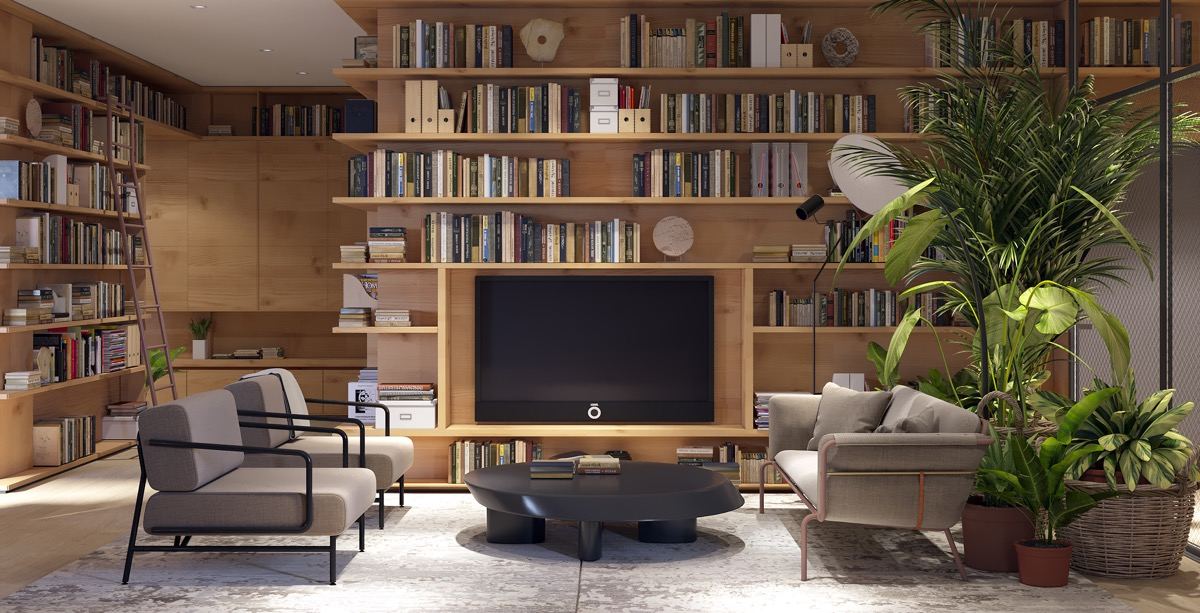 Könyvtárszoba-nappali, fa polcokkal és háttérrel, a polcrendszerbe helyezett TV készülékkel