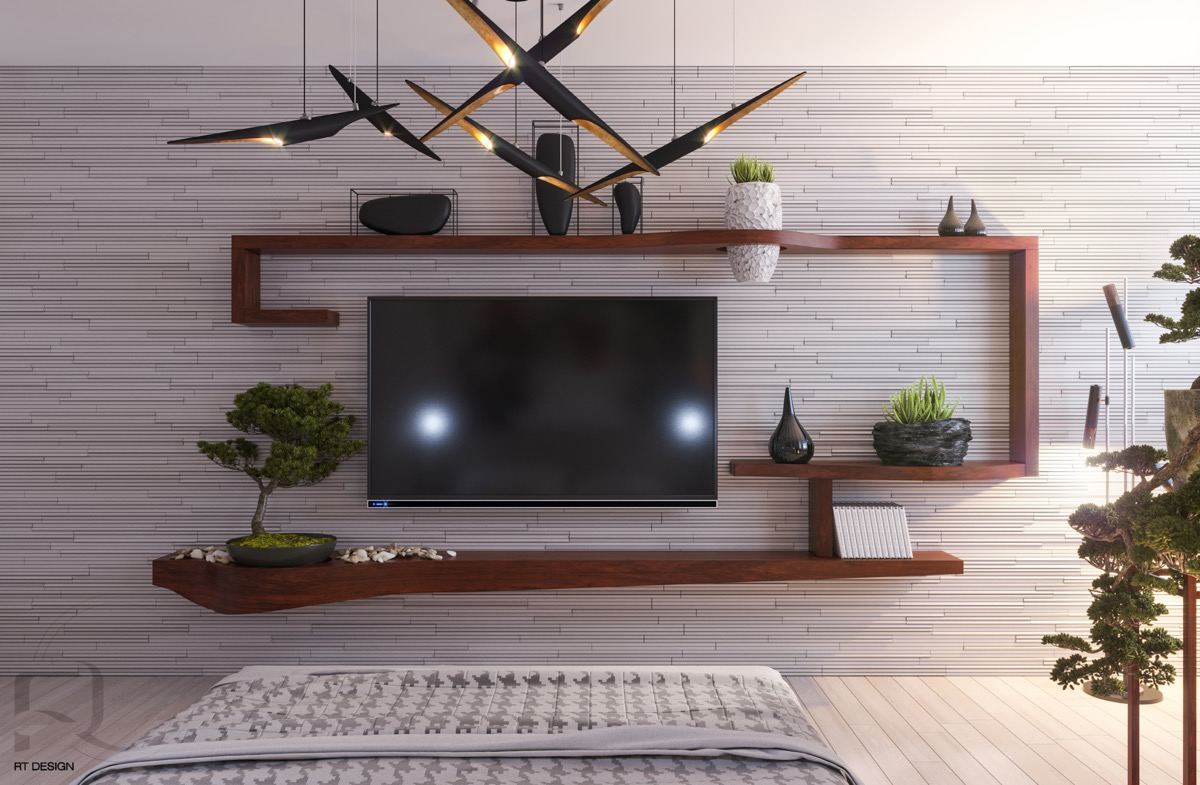 Aszimmetrikus fa polcok és növények - zen hangulat a TV falon