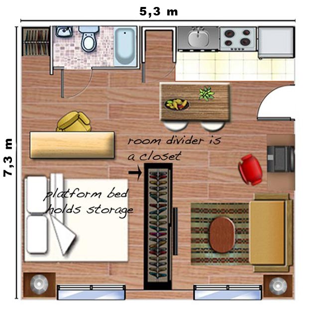 Praktikus térszervezés kis lakásban - 39nm 1 szoba, elválasztott zónákkal, alaprajz