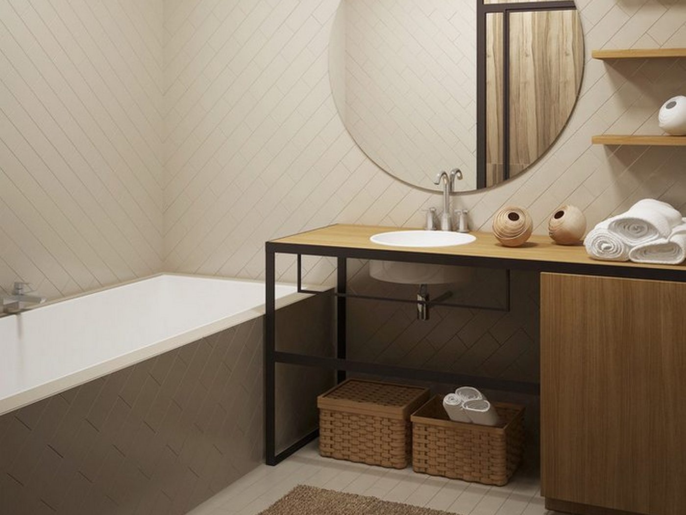 Fa mennyezet borítás, téglafal, modern konyha és fürdőszoba 37m2-es kis lakásban