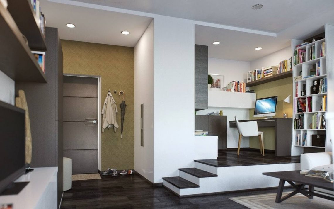 Dobogóra emelt dolgozósarok fiatal lány 37m2-es otthonában, modern, otthonos berendezés