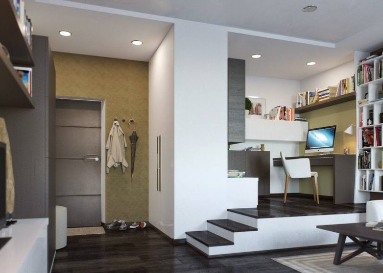 Dobogóra emelt dolgozósarok fiatal lány 37m2-es otthonában, modern, otthonos berendezés