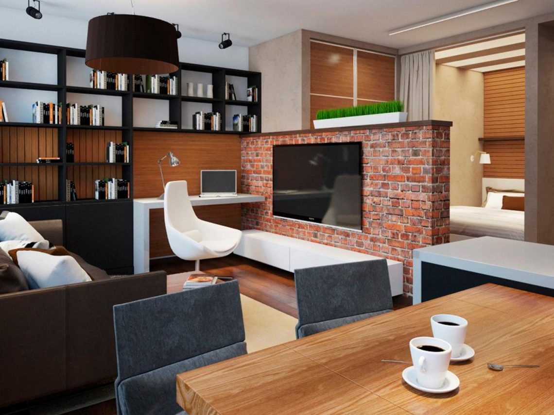 Egyszobás lakás remek berendezése a funkcionális terek ügyes szervezésével – sok tégla és fa felülettel