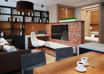 Egyszobás lakás remek berendezése a funkcionális terek ügyes szervezésével – sok tégla és fa felülettel