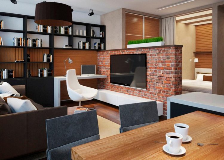 Egyszobás lakás remek berendezése a funkcionális terek ügyes szervezésével – sok tégla és fa felülettel