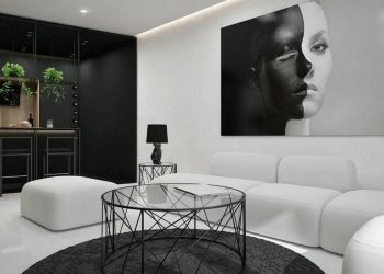 Fekete, fehér és fa - erős kontrasztokon alapuló dekoráció egy 55m2-es lakásban