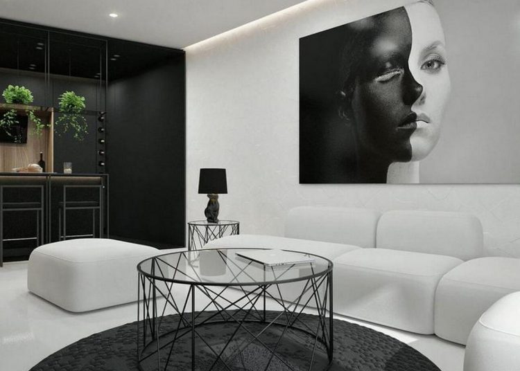 Fekete, fehér és fa - erős kontrasztokon alapuló dekoráció egy 55m2-es lakásban