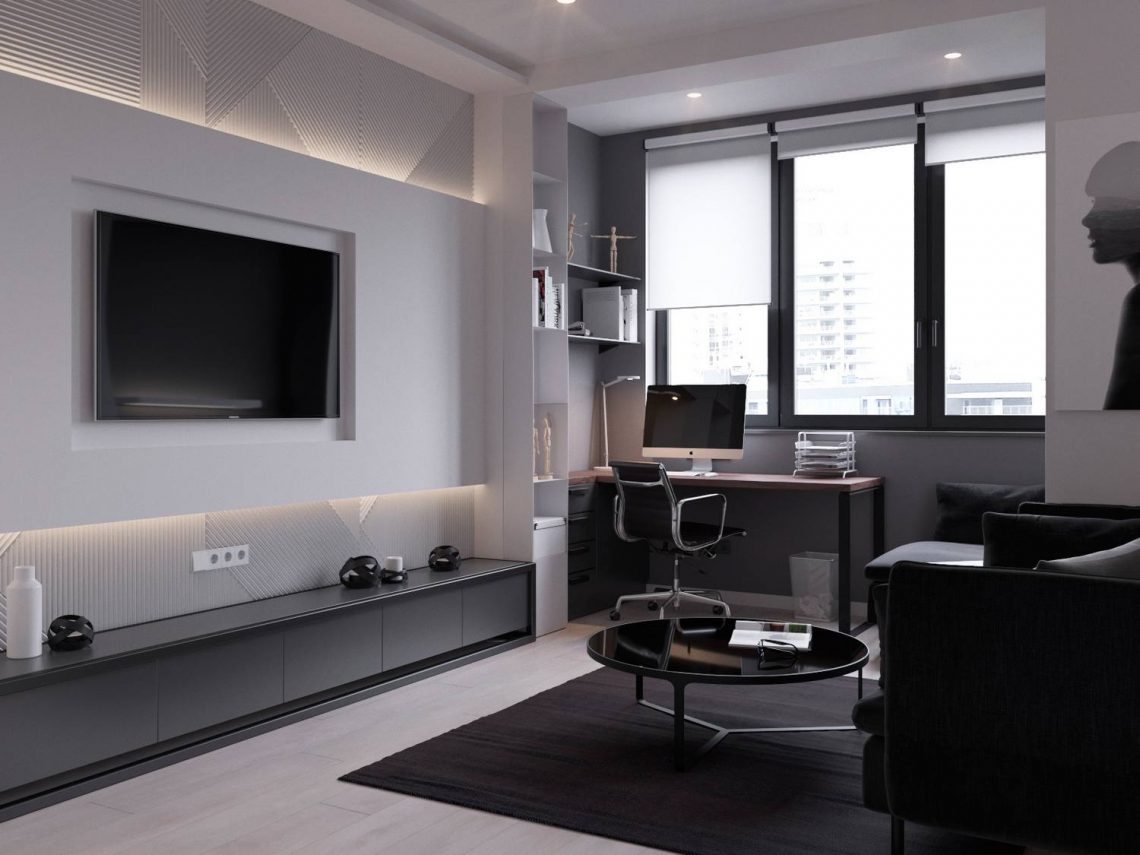 Modern berendezés és dekoráció a szürke árnyalataival 45m2-en, pódiumra emelt, leválasztható hálófülke