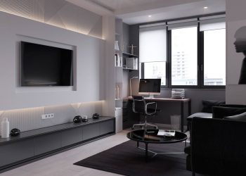 Modern berendezés és dekoráció a szürke árnyalataival 45m2-en, pódiumra emelt, leválasztható hálófülke