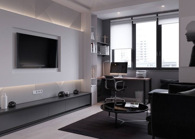 Modern berendezés és dekoráció a szürke árnyalataival 45m2-en, pódiumra emelt, leválasztható hálófülke