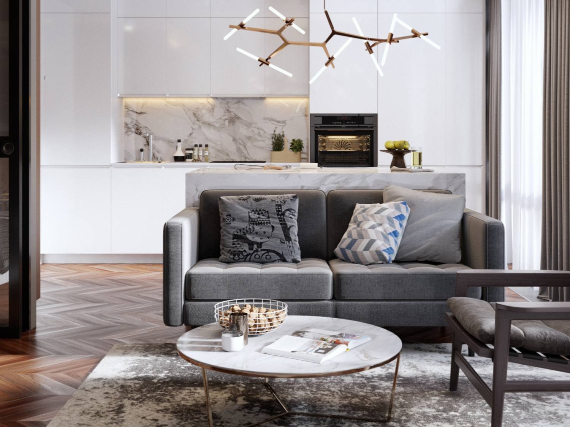 Üveg tolóajtóval leválasztott háló, minőségi anyagok - fiatal férfi részére tervezett elegáns, 51m2-es lakás