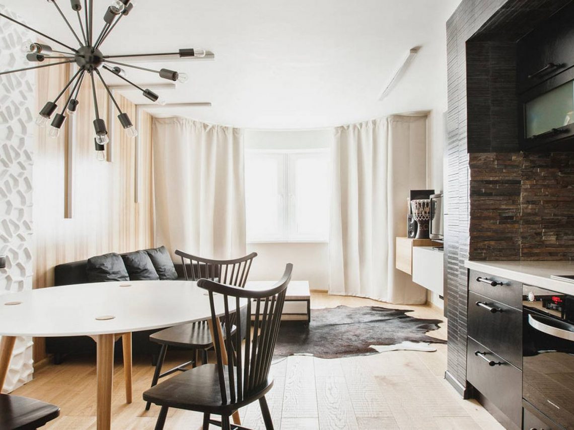 Legénylakás természetes és kontrasztosan markáns elemekkel 48m2-en, változatos textúrák, fa, természetes kő, 3D falpanel