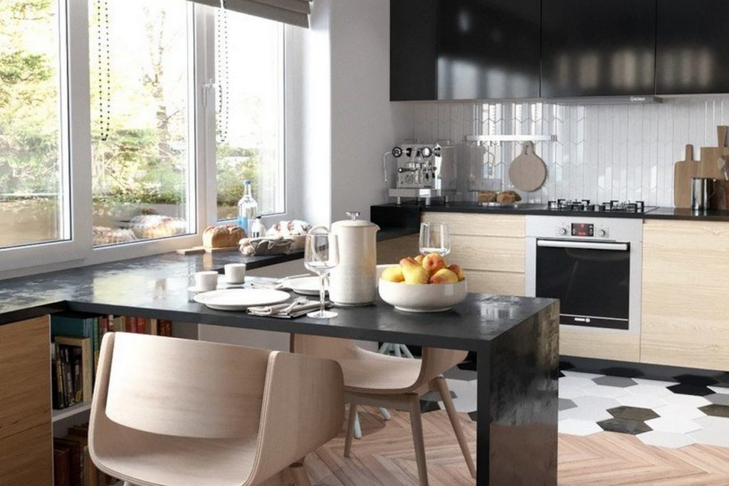 27m2-es pici lakás modern berendezése – biokandalló, kényelmes konyha, fa felületek, külön hálórész