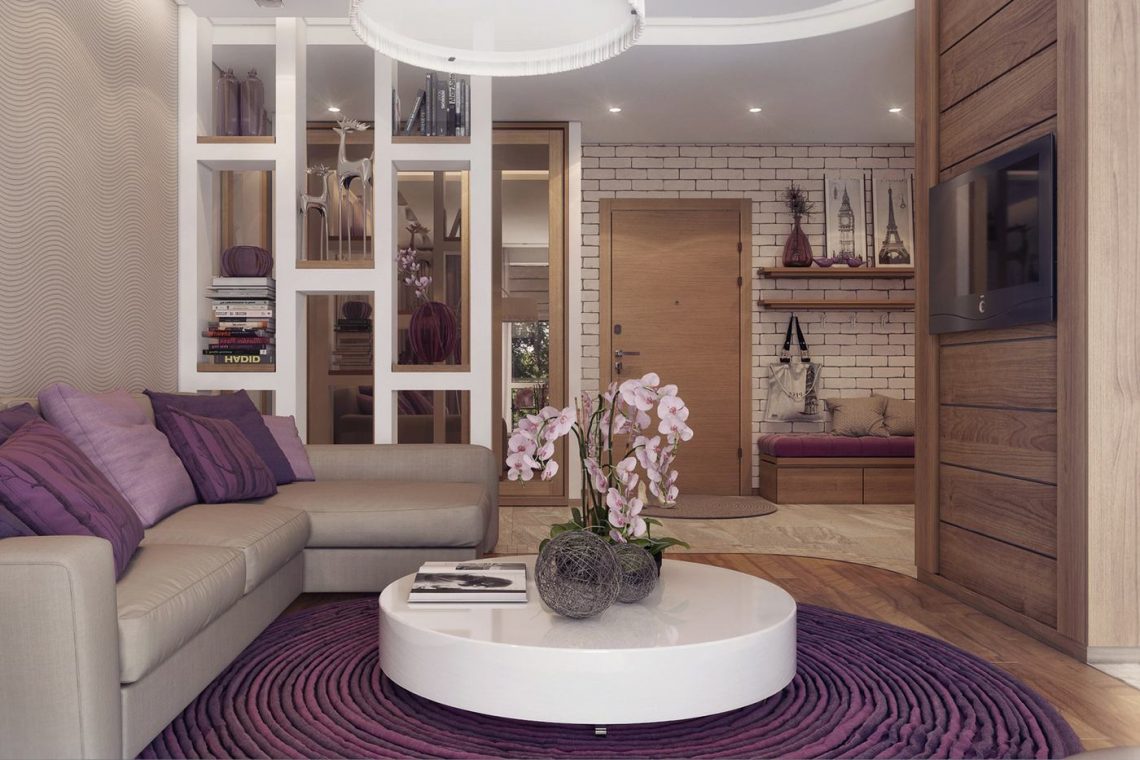 Természetes fa és szép lila árnyalatok harmóniája egy fiatal pár kétszobás lakásában
