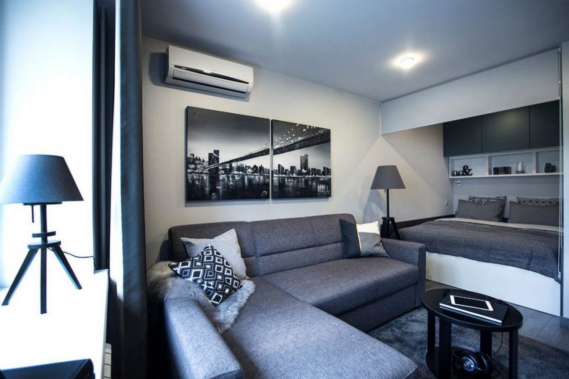 Tökéletesen berendezett kis otthon, 29m2-es modern legénylakás stílusosan fekete cicával