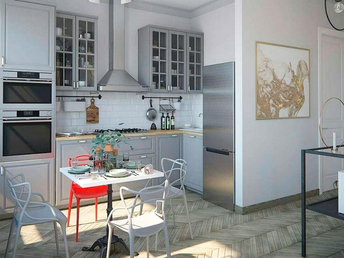 Egy kis párizsi lakás hangulata 36m2-en – egyszobás otthon, szürke konyha, hálófülke, halszálka parketta