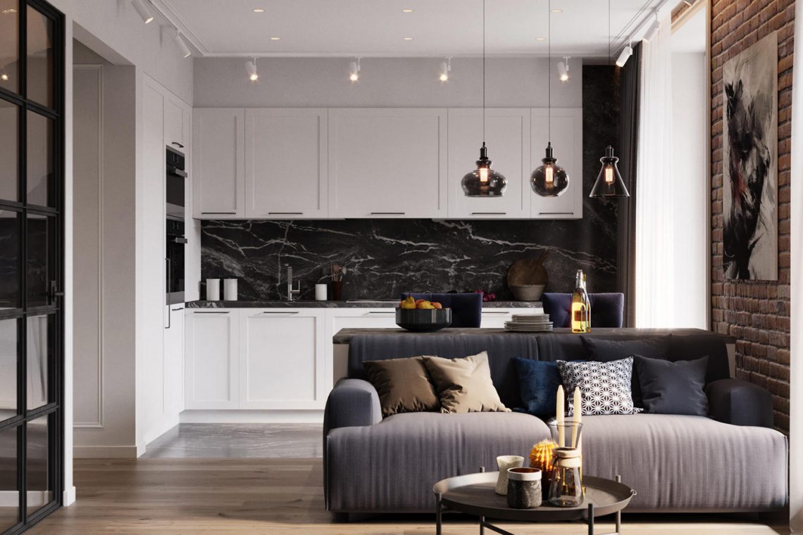 Diszkrét tárolóhelyek, üvegfalak, letisztult berendezés – 48m2-es egyszobás lakás szép burkolatokkal