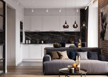 Diszkrét tárolóhelyek, üvegfalak, letisztult berendezés – 48m2-es egyszobás lakás szép burkolatokkal