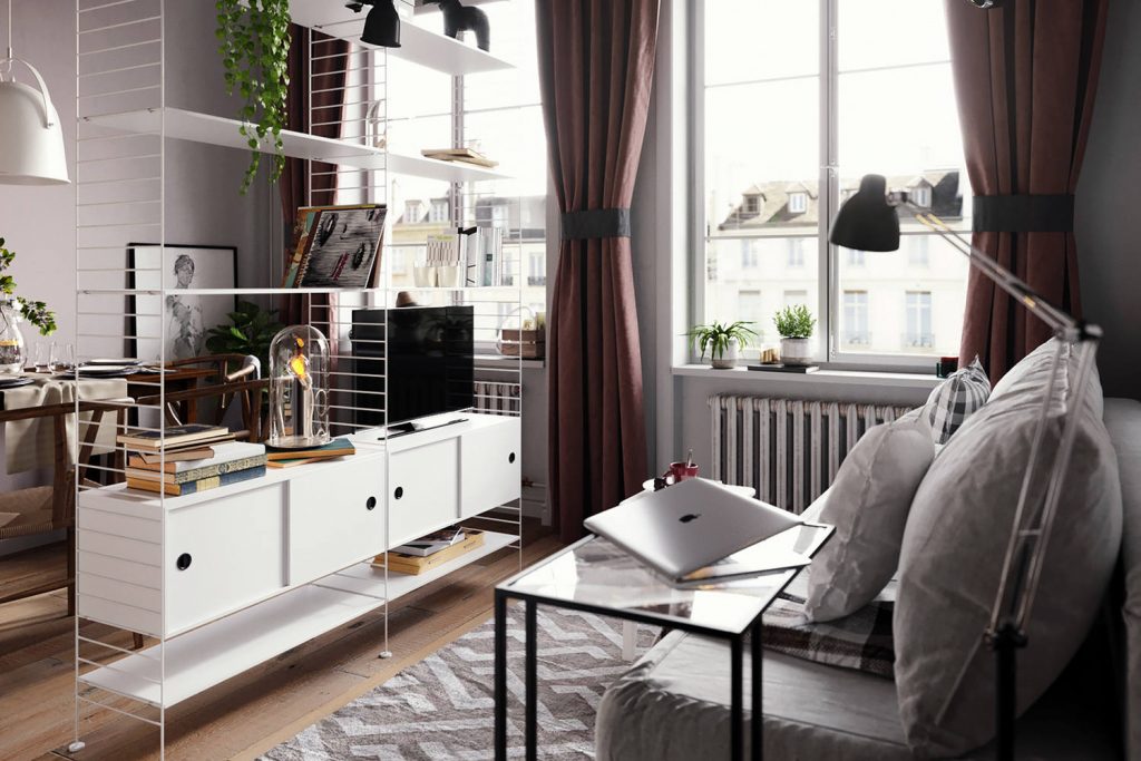 Kis lakás rendkívül ügyes és praktikus helykihasználással, egyszerű, de dekoratív berendezéssel